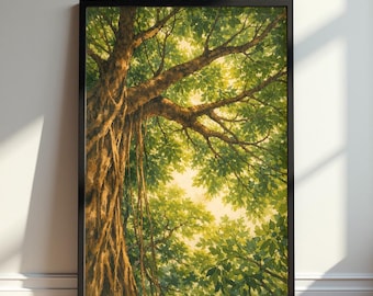 May include: Watercolor painting of a large tree with lush green leaves and brown branches, framed in a black border. The artwork captures the sunlight filtering through the foliage, creating a bright and airy feel. The tree's trunk and roots are visible.