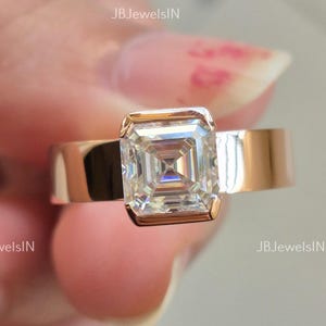 2.00 Ct Asscher Cut Moissanite Engagement Ring Asscher Moissanite Ring Wide Band Moissanite Ring 14k Rose Gold Bezel Set Solitaire Ring Gift