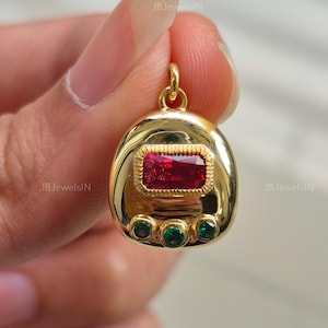 Pink Sapphire Emerald CZ Pendant Bezel Set 1.50 Ct Yellow Gold Pendants Anniversary Gift Green Sapphire Lab Diamond Ruby Signet Pendant