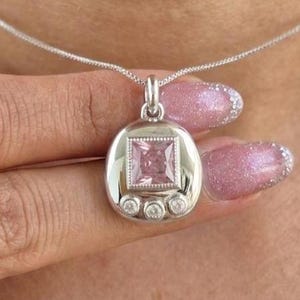 Princess Cut Pink Sapphire CZ Pendant 1.50 Ct Pink Lab Diamond Ruby Signet Pendant Bezel Set Diamond Women Pendants  Anniversary Gift