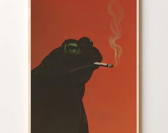 Vintage black frog smoking digital poster, funny whimsical retro wall art, original wall decoration for living room