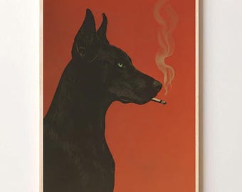 Vintage black dog smoking digital poster, funny whimsical retro wall art, original wall decoration for living room