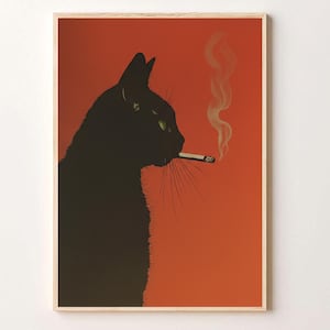 Peut inclure: Impression d'art encadrée représentant un chat noir fumant une cigarette sur un fond orange vif. La silhouette du chat est mise en valeur, avec des yeux verts et une cigarette allumée. La fumée s'élève, ajoutant du détail à l'illustration.