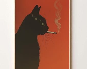 Vintage black cat smoking digital poster, funny whimsical retro wall art, original wall decoration for living room
