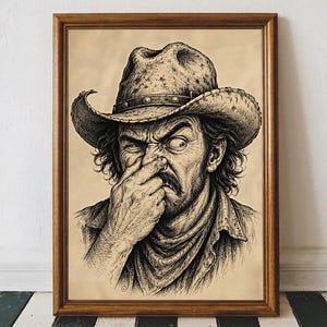 Peut inclure: Une illustration à l'encre noire et blanche sur papier vieilli, encadrée, représentant une personne portant un chapeau de cowboy à larges bords. La figure a une moustache et se pince le nez avec une expression plissée, dans un cadre en bois.