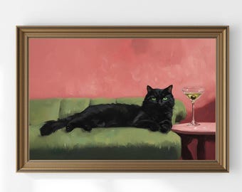 Black Cat on Green Sofa Digital Art | Modern Feline Wall Decor | Colorful Pink & Green Printable | Unique Cat Lover Gift | Instant Download
