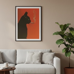 Black Cat Poster, Smoking Cat Art, Mid Century Modern, Minimalist Wall Art, Retro Cat Print, Black Cat Gift, Edgy Home Decor, Orange Wall Art, Vintage Style Print, Animal Illustration, Cool Cat Poster, Dark Humor Art, Modern Gallery Wall