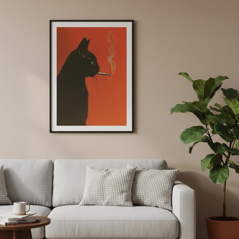 Black Cat Poster, Smoking Cat Art, Mid Century Modern, Minimalist Wall Art, Retro Cat Print, Black Cat Gift, Edgy Home Decor, Orange Wall Art, Vintage Style Print, Animal Illustration, Cool Cat Poster, Dark Humor Art, Modern Gallery Wall