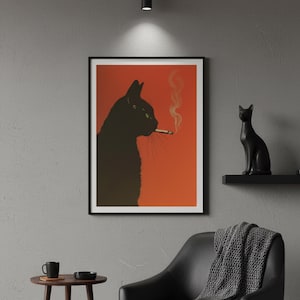 Black Cat Poster, Smoking Cat Art, Mid Century Modern, Minimalist Wall Art, Retro Cat Print, Black Cat Gift, Edgy Home Decor, Orange Wall Art, Vintage Style Print, Animal Illustration, Cool Cat Poster, Dark Humor Art, Modern Gallery Wall