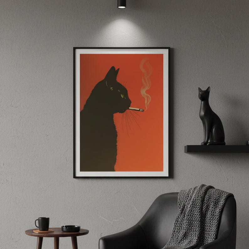 Black Cat Poster, Smoking Cat Art, Mid Century Modern, Minimalist Wall Art, Retro Cat Print, Black Cat Gift, Edgy Home Decor, Orange Wall Art, Vintage Style Print, Animal Illustration, Cool Cat Poster, Dark Humor Art, Modern Gallery Wall