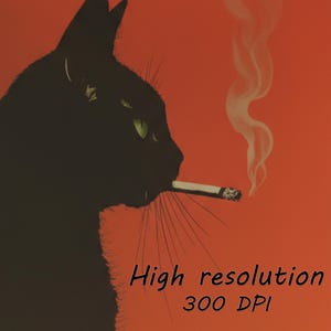 Vintage black cat smoking digital poster, funny whimsical retro wall art, original wall decoration for living room image 4