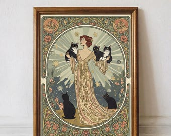 May include: A framed art print featuring a central figure in a long, flowing gold dress surrounded by five black and white cats. The illustration is set within an oval frame decorated with floral motifs in muted green, pink, and gold tones.