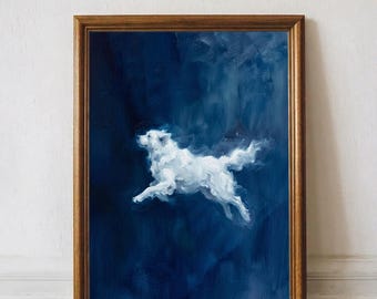 Vintage Dark Blue Golden Retriever Print Abstract Dog Wall Art Poster Minimalist Wall Decor Moody Wall Art Illustration
