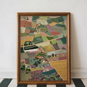 Minimal Rustic Art Sage Green Print Scenic Countryside Field Patchwork Artwork Cottage Style Decor