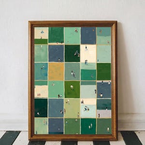 Peut inclure: Une impression d'art murale encadrée présentant une grille de blocs rectangulaires dans des tons de vert, bleu, jaune et crème. Chaque bloc contient de petites silhouettes simplifiées de personnes et d'animaux dans diverses poses.