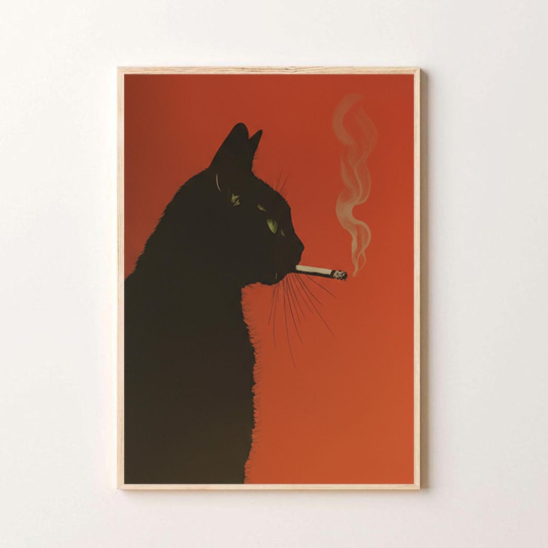 Vintage black cat smoking digital poster, funny whimsical retro wall art, original wall de