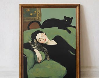 Sleeping woman with cats art print, vintage cozy home illustration, black cat digital poster, emerald green printable wall art
