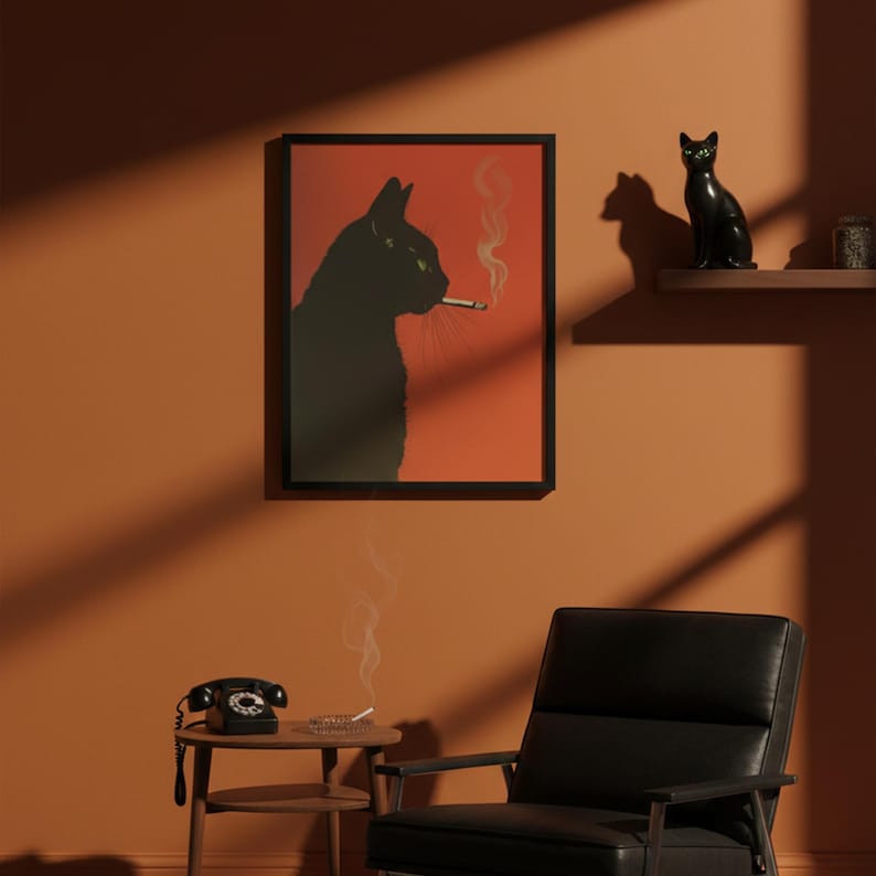 Black Cat Poster, Smoking Cat Art, Mid Century Modern, Minimalist Wall Art, Retro Cat Print, Black Cat Gift, Edgy Home Decor, Orange Wall Art, Vintage Style Print, Animal Illustration, Cool Cat Poster, Dark Humor Art, Modern Gallery Wall