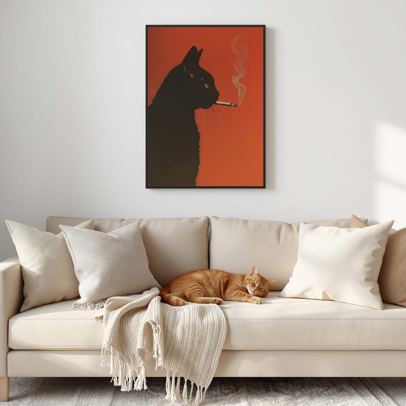 Black Cat Poster, Smoking Cat Art, Mid Century Modern, Minimalist Wall Art, Retro Cat Print, Black Cat Gift, Edgy Home Decor, Orange Wall Art, Vintage Style Print, Animal Illustration, Cool Cat Poster, Dark Humor Art, Modern Gallery Wall