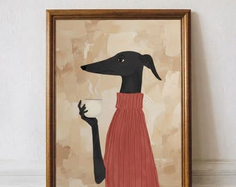 Grayhound Coffee Art Print, Cozy Dog Print, Minimalist Scandinavian Animal Poster, Modern Neutral Home Decor, Retro Coffee Print