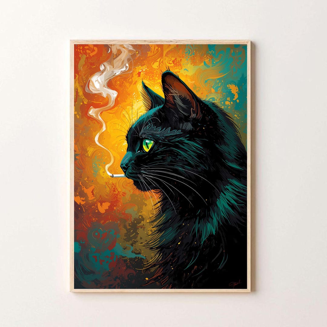 Funny Black Cat Smoking Poster – Vintage Retro Cat Wall Art, Dark Humor ...