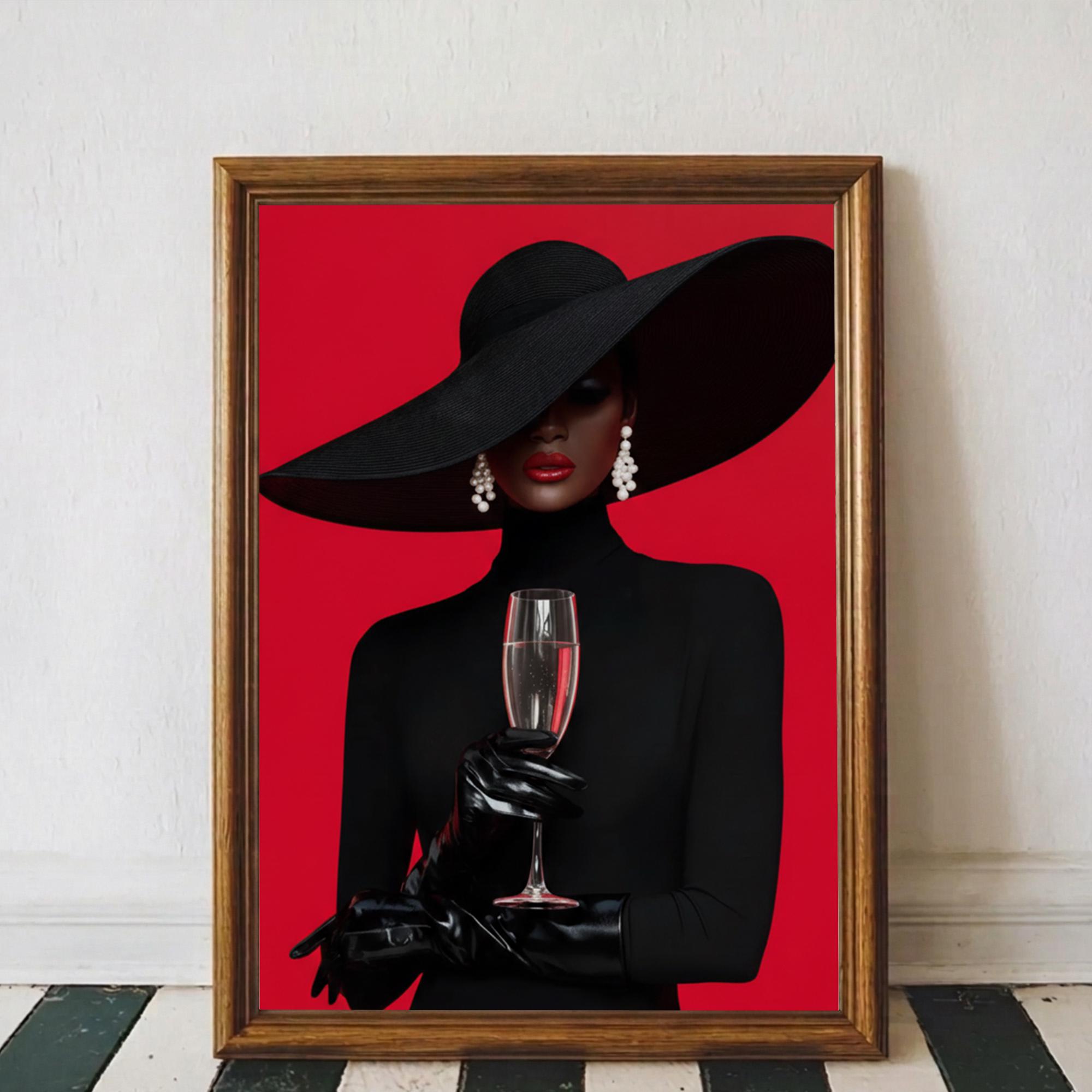 Elegant Black Woman Fashion Illustration With Hat and Champagne, Red ...