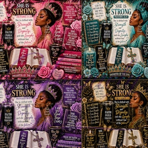 Può includere: Un collage con una donna incoronata, circondata da testi religiosi, candele ed elementi floreali. Il testo "SHE IS STRONG" e "Strength and Dignity" sono prominenti. La tavolozza dei colori comprende rosa, viola e verde acqua.