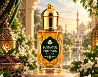 May include: A clear glass perfume bottle with a gold cap and a dark green label featuring the text JANNATUL FIRDAUS ATTAR in gold lettering. The bottle contains a golden liquid and sits on a circular marble base.