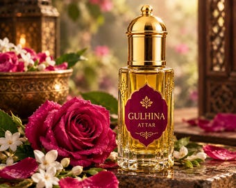 Può includere: Un flacone di profumo rettangolare in vetro riempito con liquido dorato, dotato di un tappo in oro metallizzato e un'etichetta rosa scuro con il testo GULHINA ATTAR in lettere dorate, circondato da rose rosa fresche e fiori di gelsomino.