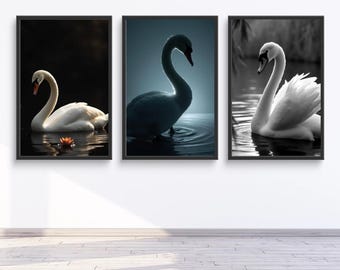 Arte digital de cisnes elegantes | Set de 12 láminas imprimibles en blanco y negro | Descarga Instantánea | Pósters modernos y sofisticados