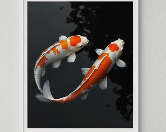 May include: Framed art print featuring two koi fish. The fish have white bodies with orange and red markings, set against a dark background. The artwork is displayed in a white frame, adding a modern touch to the aquatic theme.