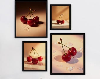 Könnte beinhalten: Vier gerahmte Kunstdrucke mit Kirschen hängen an einer weißen Wand. Die Drucke zeigen Nahaufnahmen von reifen, roten Kirschen mit Stielen. Die Kunst wird über einem weißen Stuhl, einem schwarzen Beistelltisch und einer Stehlampe ausgestellt.