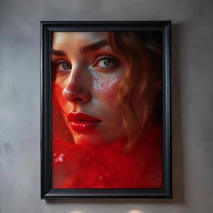Puede incluir: Retrato enmarcado de una mujer con labios rojos y purpurina en la cara. La obra de arte está sobre un fondo rojo, con el rostro de la mujer como punto focal. El marco es negro y la imagen está colgada en una pared gris.