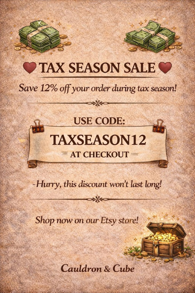 May include: Promotional graphic with text "TAX SEASON SALE" and "Save 12% off". Includes bundles of cash, gold coins, and a treasure chest. The code TAXSEASON12 is displayed. Shop now on Etsy!