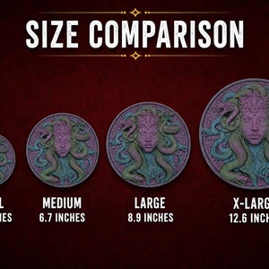 May include: A size comparison graphic featuring four circular Medusa designs in varying sizes. The sizes are labeled as Small (3.5 inches), Medium (6.7 inches), Large (8.9 inches), and X-Large (12.6 inches). The text "SIZE COMPARISON" is at the top.
