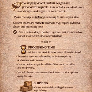 May include: A beige informational graphic with the text "Custom & Personalized Orders." It details custom design requests, processing times, and shipping information. Includes illustrations of tools, an hourglass, and stacked boxes.