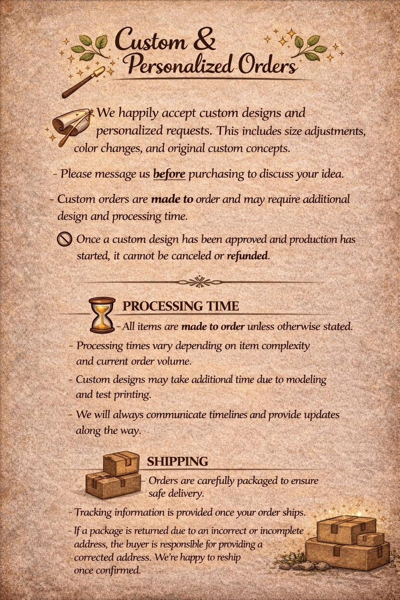 May include: A beige informational graphic with the text "Custom & Personalized Orders." It details custom design requests, processing times, and shipping information. Includes illustrations of tools, an hourglass, and stacked boxes.