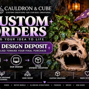 Könnte beinhalten: Eine Werbegrafik für individuelle Bestellungen von Cauldron & Cube mit Text, einem Design-Depot von 25 $ und Symbolen für Reptilienzubehör, Wohnkultur und Spezialanfertigungen. Das Bild zeigt ein Totenkopf-Versteck und Pilz-Dekor.