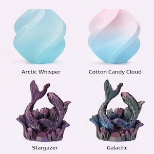 May include: Four decorative items are displayed. Two are swirling, vase-shaped objects, one light blue and the other a gradient of pink and blue. Below are two mermaid-themed sculptures, one purple and the other with blue and green hues. Text reads "Arctic Whisper", "Cotton Candy Cloud", "Stargazer", and "Galactic".