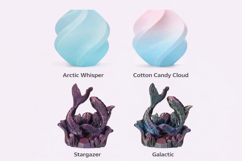 May include: Four decorative items are displayed. Two are swirling, vase-shaped objects, one light blue and the other a gradient of pink and blue. Below are two mermaid-themed sculptures, one purple and the other with blue and green hues. Text reads "Arctic Whisper", "Cotton Candy Cloud", "Stargazer", and "Galactic".