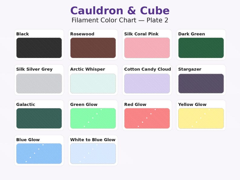 May include: A color chart titled "Cauldron & Cube Filament Color Chart - Plate 2" displays 12 color swatches. Colors include black, rosewood, silk coral pink, dark green, silk silver grey, arctic whisper, cotton candy cloud, stargazer, galactic, green glow, red glow, yellow glow, blue glow, and white to blue glow.