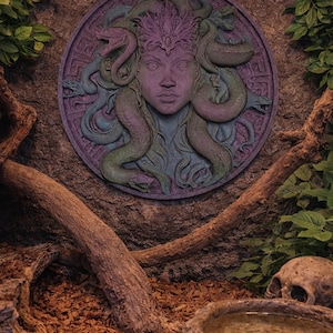 Może przedstawiać: Okrągła rzeźba ścienna przedstawiająca Meduzę w odcieniach fioletu, zieleni i niebieskiego. Rzeźba otoczona jest teksturowaną kamienną ścianą, z gałęziami i liśćmi obramowującymi dzieło sztuki. Czaszka i miska z wodą znajdują się na pierwszym planie.