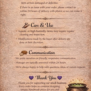 May include: A parchment-toned graphic with text detailing returns, care, and communication policies. Decorative elements include leaves, arrows, and a cauldron. The text includes a thank you message to customers.