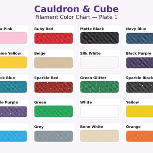 May include: A color chart titled "Cauldron & Cube Filament Color Chart - Plate 1" displays 20 color swatches. Colors include Sakura Pink, Ruby Red, Matte Black, Navy Blue, Sunshine Yellow, Beige, Silk White, Black Purple, Peacock Blue, and more.
