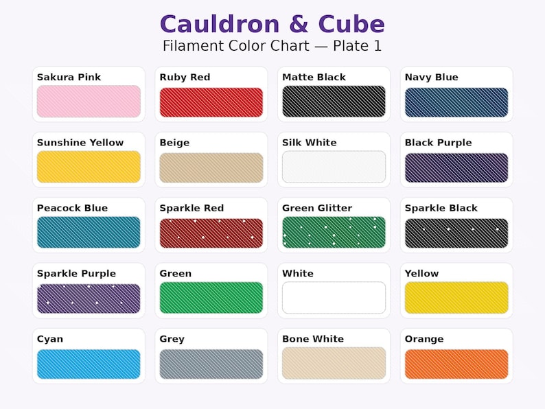 May include: A color chart titled "Cauldron & Cube Filament Color Chart - Plate 1" displays 20 color swatches. Colors include Sakura Pink, Ruby Red, Matte Black, Navy Blue, Sunshine Yellow, Beige, Silk White, Black Purple, Peacock Blue, and more.