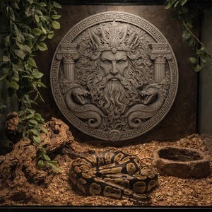 May include: A terrarium scene with a coiled ball python, brown and black in colour, resting on wood chips. A stone relief of a bearded man with snakes is mounted on the back wall, with decorative foliage.