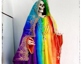 Large Multi-Color Rainbow Santa Muerte Holy Death 32 inch Altar Statue