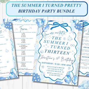 Może przedstawiać: Niebiesko-biały zestaw na przyjęcie urodzinowe z napisem "The Summer I Turned Pretty". Zestaw zawiera zaproszenia, ciekawostki i menu. Na zaproszeniu widnieje napis "The Summer I Turned Thirteen".