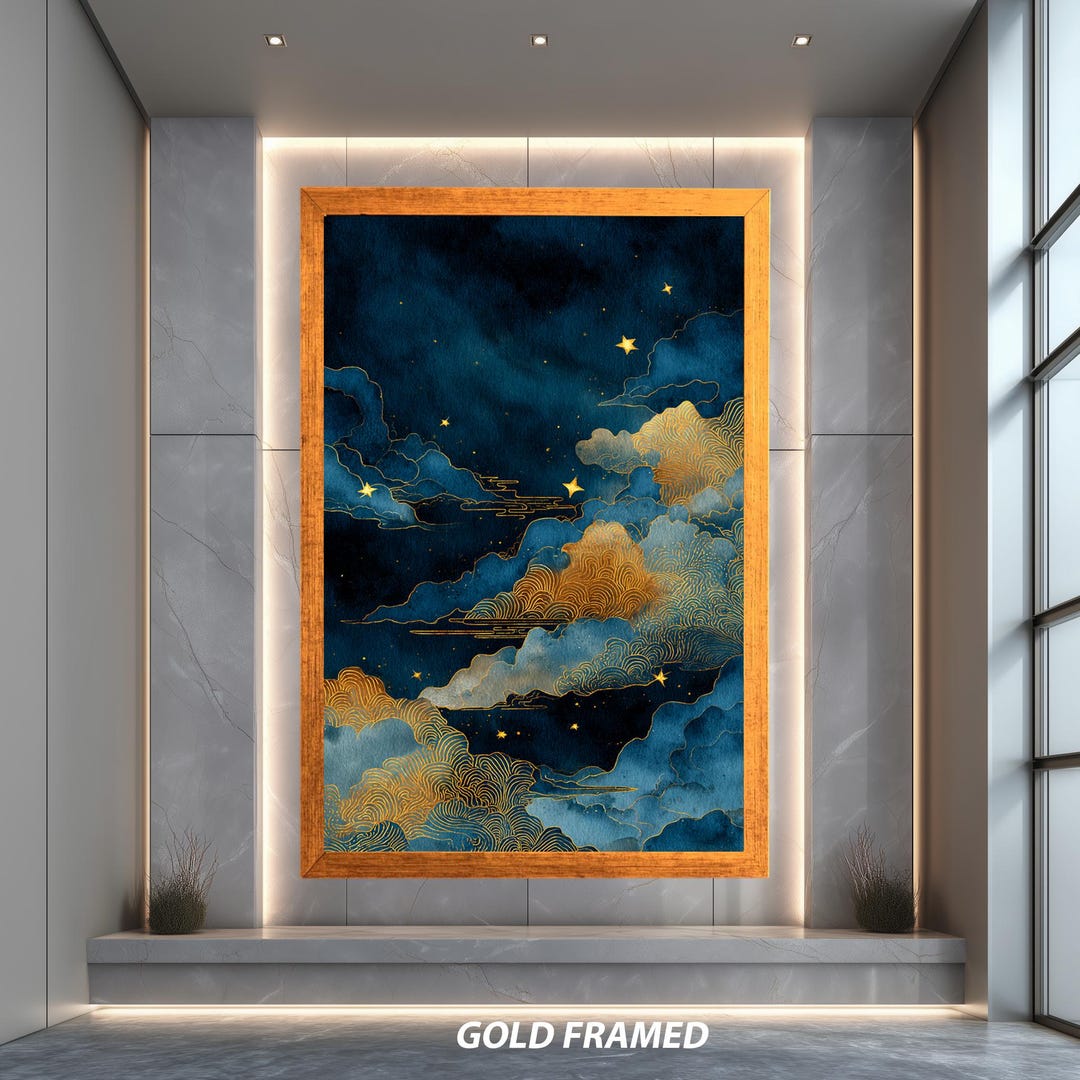 Celestial Night Sky Wall Art Print, Golden Cloud Stars Abstract ...