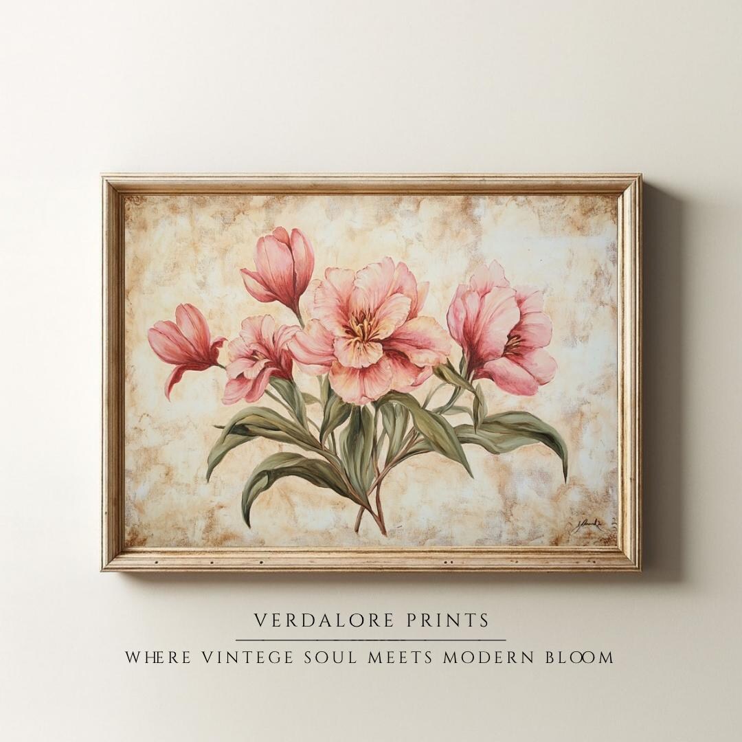 Pink Peony Tulip Wall Art Print, Vintage Botanical Flower Painting ...